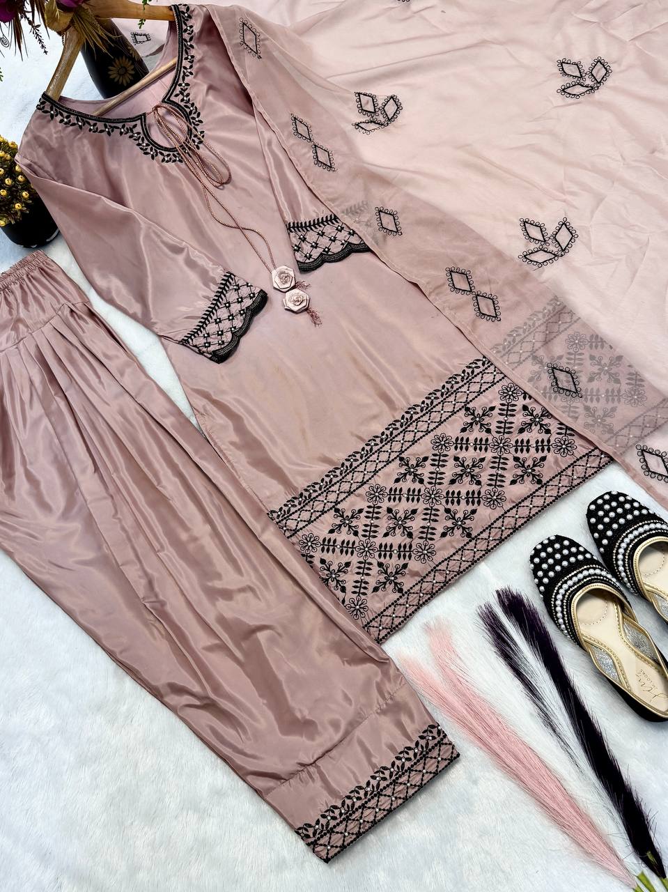 Luxe Taupe & Noir Silk Ensemble